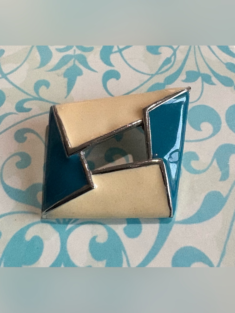 Vintage Enamel Geometric Brooch in Teal and Cream 1980’s